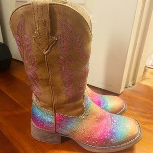 Roper Girls' Tan and Rainbow Glitter Square Toe Cowboy Boots